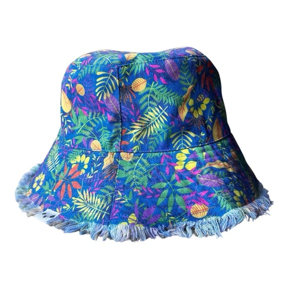 Blue and Green Tropical Bucket Hat with Fringe - Picture 2 of 4